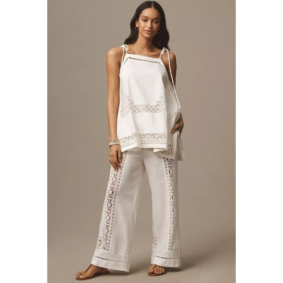 By Anthropologie Tie-Strap Linen Hanky Cutwork Lace Tank M - Picture 2 of 4